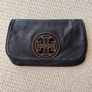 Tory Burch Black Leather Logo Miller Clutch with Gold Emblem